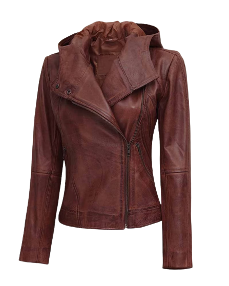 Womens Laney Genuine Brown Leather Hooded Bomber Jacket