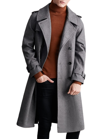 Mens Everett Front Button Grey Wool Double Breasted Long Coat