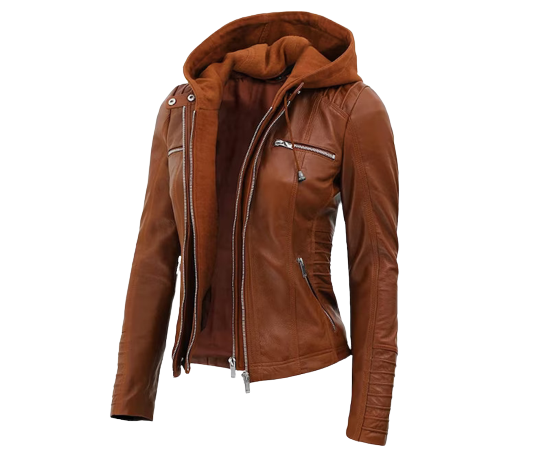 Womens Chaya Genuine Brown Leather Hooded Bomber Jacket