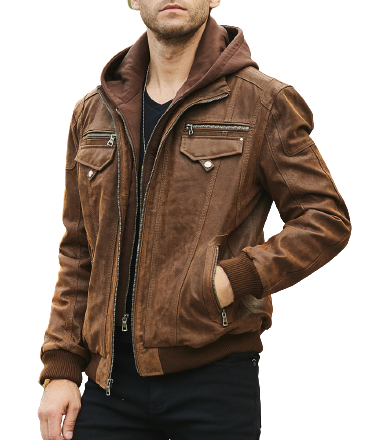 Mens Leon Genuine Brown Leather Hooded Bomber Jacket