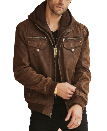 Mens Leon Genuine Brown Leather Hooded Bomber Jacket