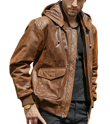 Mens Tristan Genuine Brown Leather Hooded Bomber Jacket