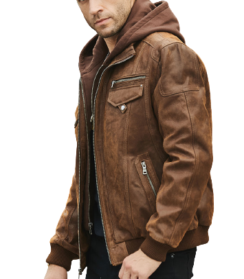 Mens Leon Genuine Brown Leather Hooded Bomber Jacket