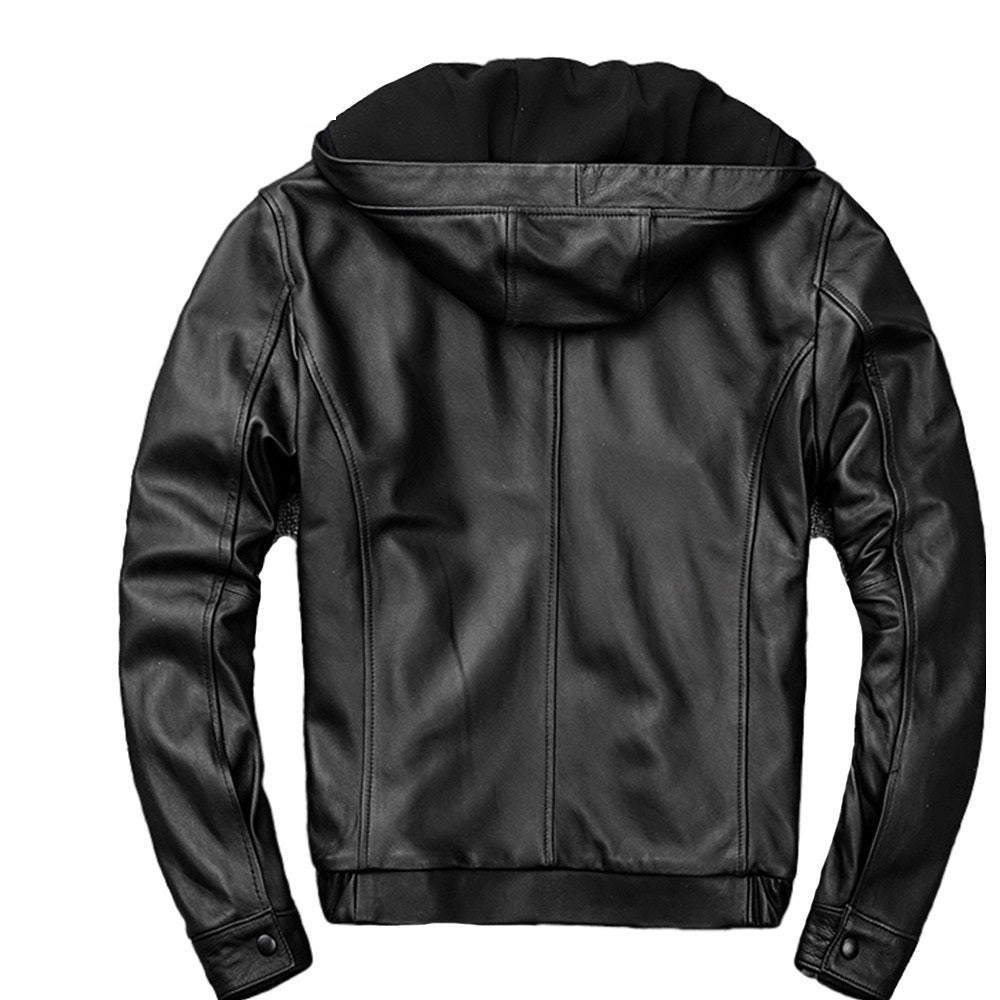 Mens Edwin Genuine Black Leather Hooded Bomber Jacket