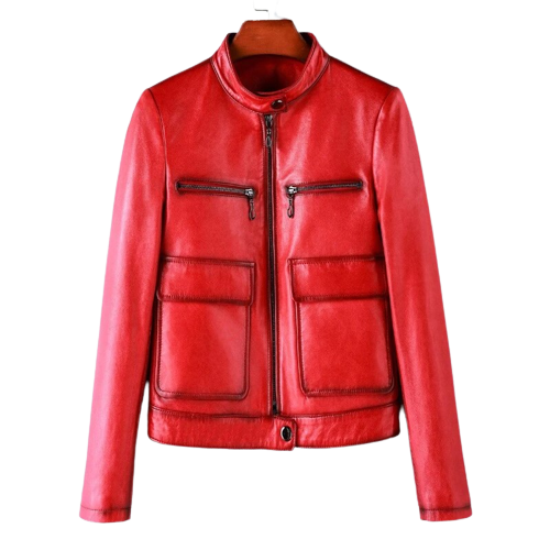 Womens Nyra Front Pocket Red Genuine Lambskin Leather Jacket