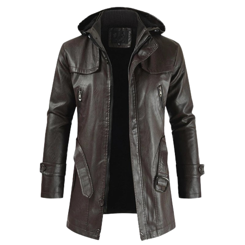 Mens Finley Front Button and Zippered Hooded Leather Coat