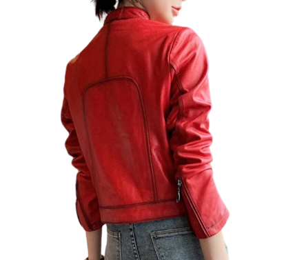 Womens Nyra Front Pocket Red Genuine Lambskin Leather Jacket