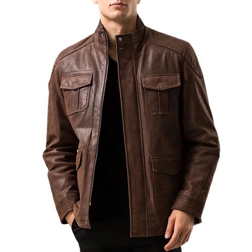 Mens Archer Front Pocket Brown Genuine Cow Leather Jacket – Naleem Leather