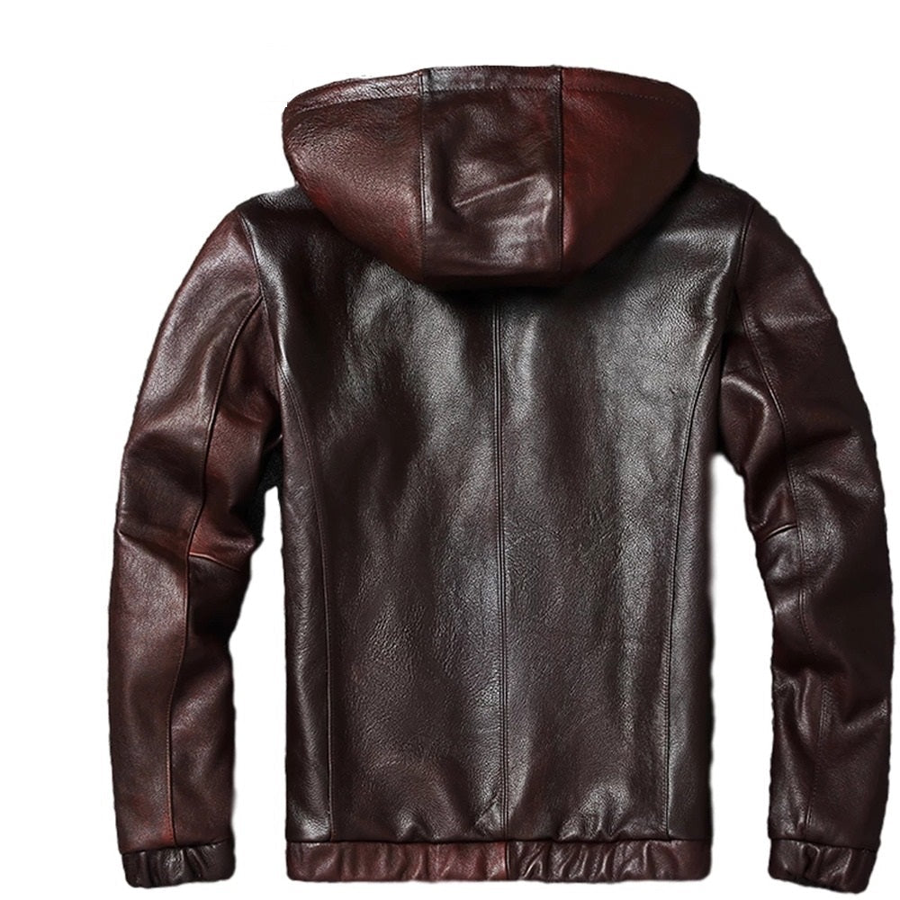 Mens Nico Simple Genuine Lambskin Leather Hooded Bomber Jacket